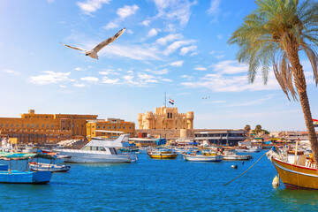 Qaitbay Fortress and Alexandria boat harbour, Mediterranean sea, Egypt