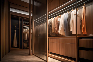 Fototapeta na wymiar Modern luxury style warm wood walk in closet, minimal walk in wardrobe dressing room interior.
