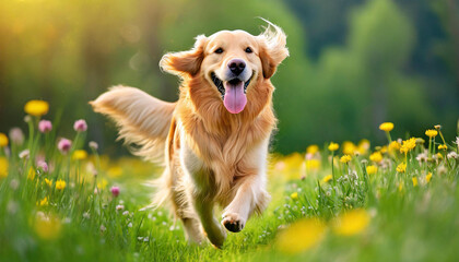 A dog golden retriever with a happy face runs through the lush green grass