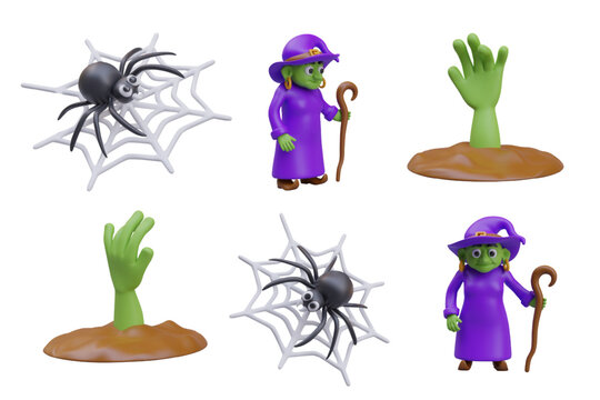 Black spider on white web, witch in purple clothes and hat, green zombie hand reaching out from ground. Vector 3D models in different positions. Set of Halloween items
