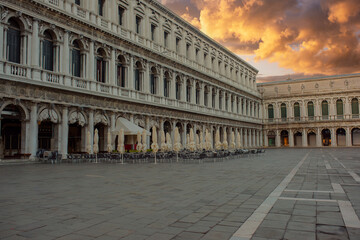 Empty Piazza di San Marco (St. Mark Square) in Venice, Italy at sunrise