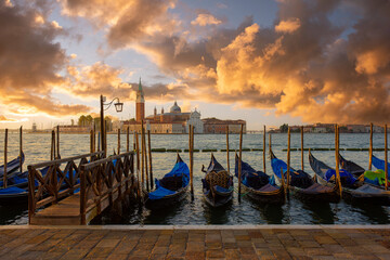 Venice, Italy, Gondolas at Saint Mark square(Piazza din San Marco) with San Giorgio di Maggiore...