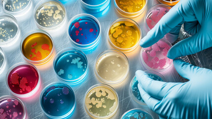 Close-up view of a scientist's gloved hand selecting a petri dish with colorful bacterial colonies from a group of samples on a laboratory bench.