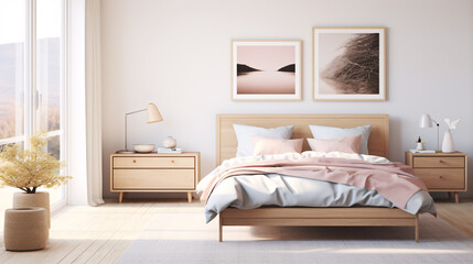 Fototapeta na wymiar Stylish cosy soft pink and white bedroom interior design modern and minimal style, feminine bedroom.