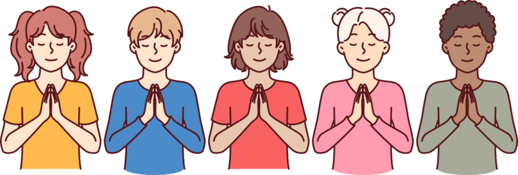 Praying multiethnic children attending sunday religious school for christians and catholics. Religious school for boys and girls who want to learn to pray or become more spiritual.