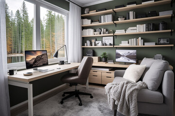 Cosy and stylish modern home office interior design, green colour office workspace.
