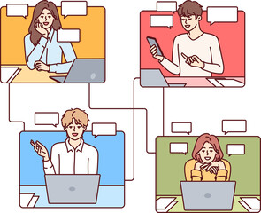 Business people communicate through internet messengers and task manager applications to achieve effective remote work. Men and women with laptops use task manager software for corporate interactions