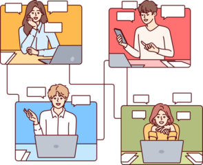 Business people communicate through internet messengers and task manager applications to achieve effective remote work. Men and women with laptops use task manager software for corporate interactions