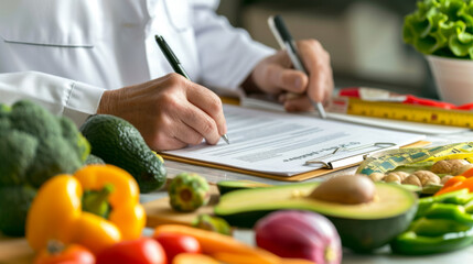 Healthcare professional, presumably a dietitian or nutritionist, with a clipboard in hand, writing notes in front of a table filled with various fresh vegetables