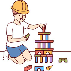 Little boy builder creates tower from childrens bricks playing and dreaming of becoming architect