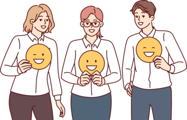 Business people in office clothes show positive emoji symbolizing successful teamwork on project