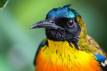 Capture the exquisite beauty of a Sunbird in this close-up photograph, showcasing its vibrant plumage and intricate details.