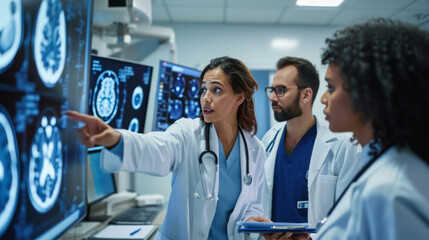 Group of medical professionals is intently examining a series of brain MRI scans displayed on a lightbox in a hospital or clinic setting. - obrazy, fototapety, plakaty