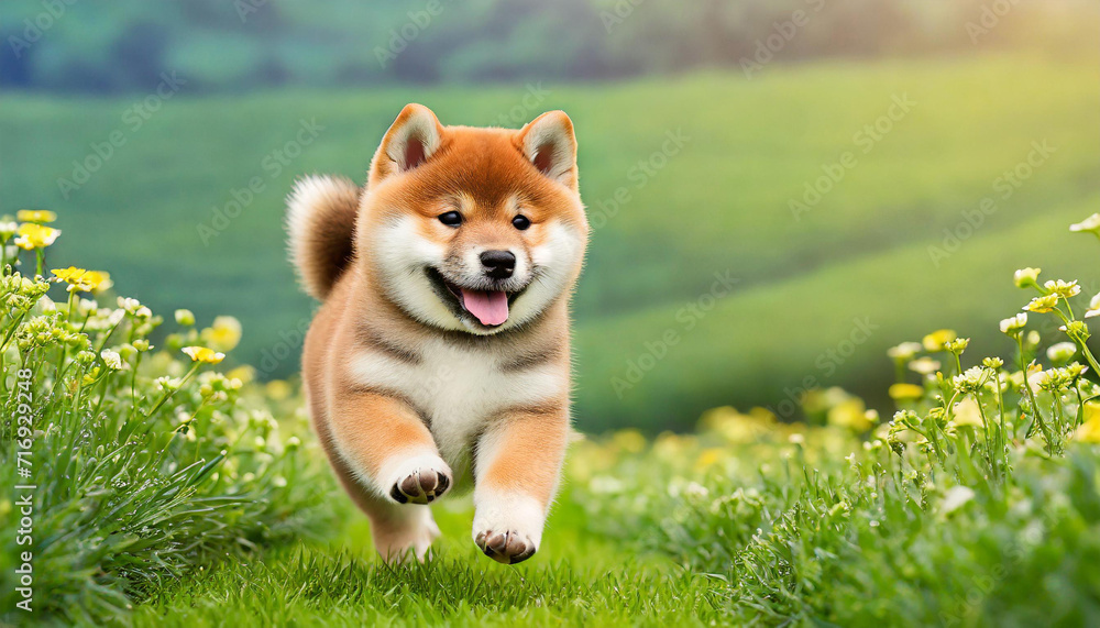 Wall mural A dog shiba inu puppy with a happy face runs through the colorful lush spring green grass