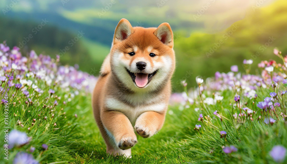 Wall mural A dog shiba inu puppy with a happy face runs through the colorful lush spring green grass