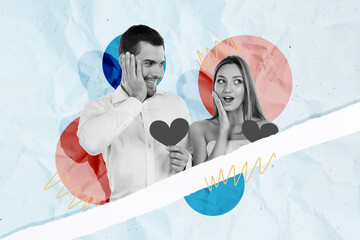 Horizontal creative photo collage of funny charming young couple hold heart card impressed amazed...