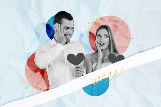 Horizontal creative photo collage of funny charming young couple hold heart card impressed amazed at wedding on paper texture background