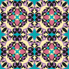 Seamless pattern with ethnic multi-colored ornament on a black background. Vector illustration