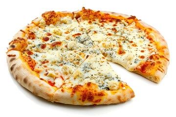 Pizza with mozzarella cheese isolated on a white background. Quattro Formaggi Pizza. Four cheese Pizza. Cheese Pull. Pizza on a Background with copyspace.