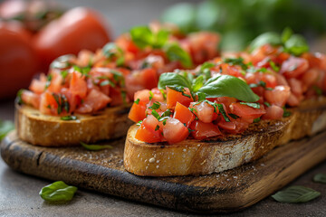 Bruschetta with tomato and basil on wooden board.
