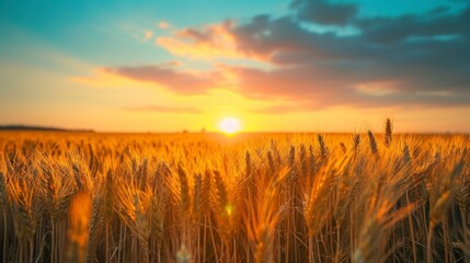 Beautiful landscape of a wheat field with a beautiful sunset with rays of the sun during the day in high resolution and clarity. concept landscape wheat field beautiful - obrazy, fototapety, plakaty