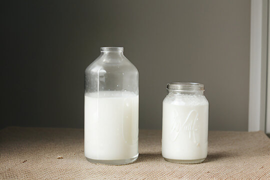 bottle of milk and glass of milk in front of a gray wall and a white counter