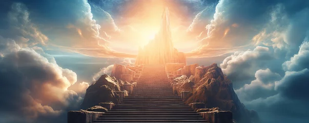 Fototapeten Stairs to Doors Paradise: Architectural Journey into a Mystical Wonderland, Discover the Enchanting Pathway,  on religions Faith, forgiveness to God, Heavenly gate  sunbeam gold motivation imagination © ruslee