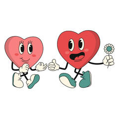 Obraz premium Retro heart character. Heart and Love shape with cute cartoon face. Vector illustration.