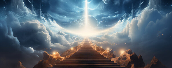 Stairs to Doors Paradise: Architectural Journey into a Mystical Wonderland, Discover the Enchanting Pathway, 
on religions Faith, forgiveness to God, Heavenly gate  sunbeam gold motivation imagination - obrazy, fototapety, plakaty