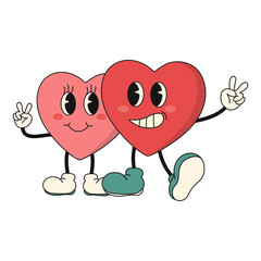 Retro heart character. Heart and Love shape with cute cartoon face. Vector illustration.