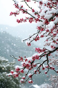 The branch of tree has covered with heavy snow and sunset time in winter season. AI generated illustration
