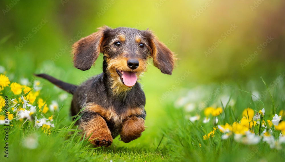 Wall mural A dog wire-haired dachshund puppy with a happy face runs through the colorful lush spring green grass 