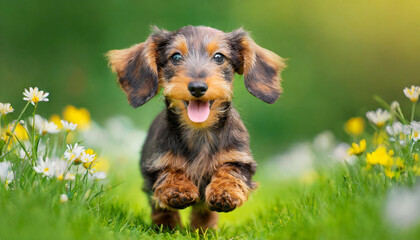 A dog wire-haired dachshund puppy with a happy face runs through the colorful lush spring green grass  - obrazy, fototapety, plakaty
