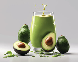 display of avocado juice with avocado fruit on white background
