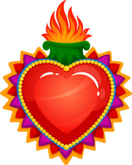 Mexican sacred heart with burning fire flames, tattoo and religion symbol, vector icon. Sacred heart or Corazon Milagro, Mexican Catholic religion sign of Jesus and God love or divine miracle