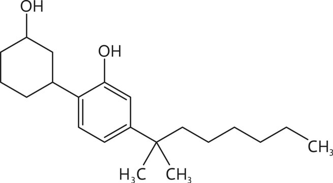 CP 47,497 drug molecule and chemical formula structure of narcotic substance, vector model. CP 47,497 synthetic or Cannabicyclohexanol organic cannabinoid and psychoactive drug in molecular formula