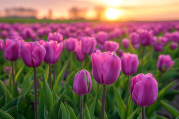 Obraz premium A field of purple tulips against the backdrop of the setting sun
