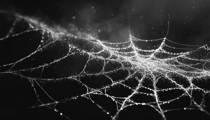 Foto op Plexiglas Spiderweb on black background. Scary spooky Cobweb. Isolated on black transparent background. Spiderweb for halloween, spooky, scary, horror decor Abstract horror background design © annebel146