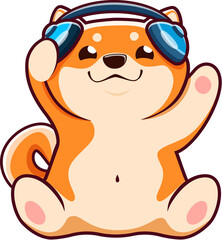 Naklejka premium Cartoon kawaii shiba inu dog character listening music with headphones, vector pet animal personage. Cute puppy of japanese shiba inu personage with headset, happy smiling face, funny brown dog emoji