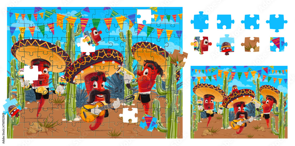 Aufkleber jigsaw puzzle game pieces. cinco de mayo mexican holiday mariachi chili peppers character. quiz with
