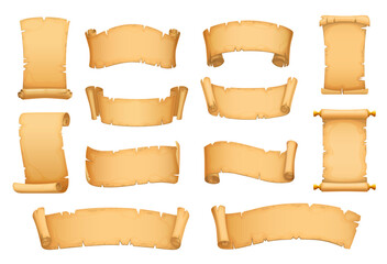 Vintage paper scroll, old manuscript, ancient treasure map parchment, antique papyrus. Isolated vector time-worn relics or artifacts evoke a sense of history, mystery, adventure, and weight of time