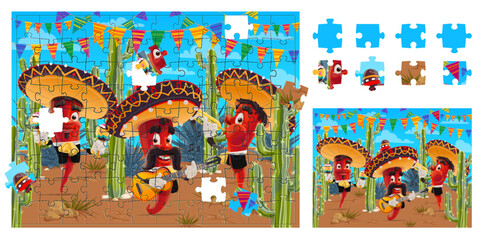 Jigsaw puzzle game pieces. Cinco de Mayo mexican holiday mariachi chili peppers character. Quiz with part connection task, block connect puzzle vector worksheet with mariachi peppers in mexican desert