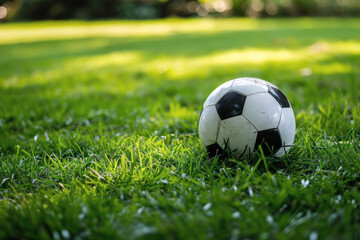 Fototapeta premium Soccer Ball Resting on Lush Green Field, outdoor sports 