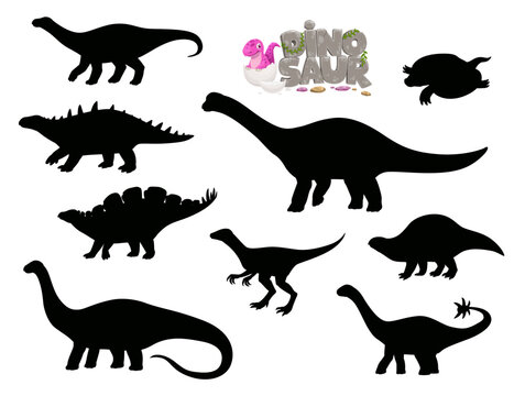 Cartoon dinosaur characters silhouettes. Eoraptor, Lotosaurus, Apatosaurus and Polacanthus, Wuerhosaurus, Haplocanthosaurus Jurassic era cute reptile, prehistoric lizard isolated vector silhouettes