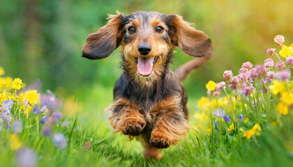 A dog wire-haired dachshund with a happy face runs through the colorful lush spring green grass
