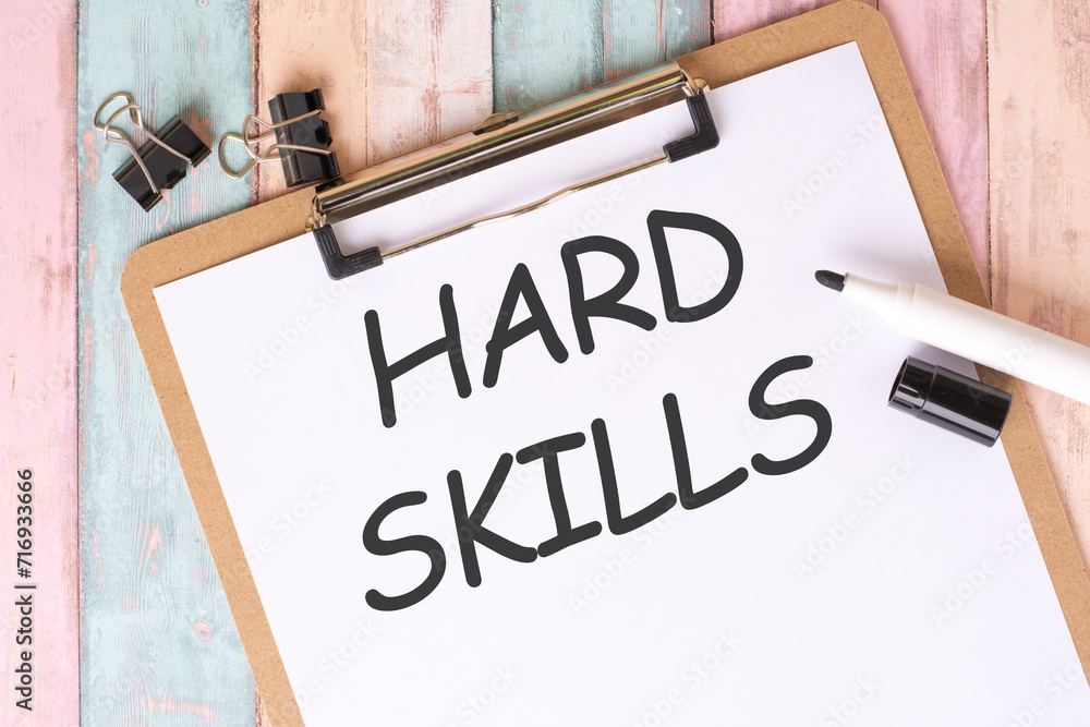 Poster hard skills text written on notebook page. office desk table top view