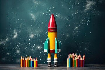 A rocket made of school supplies on black chalkboard background. Copy space. Preparation for school. The concept of Back to School.
