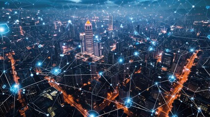 The interconnected network in a futuristic digital cityscape