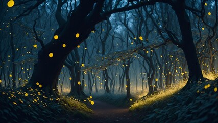 The enchanting scene showcases a mystical forest canopy at twilight, adorned with the ethereal glow of fireflies.