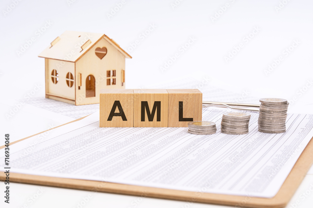 Poster cubes form the text aml. on a light background there is a row of cubes and a toy house in the backgr